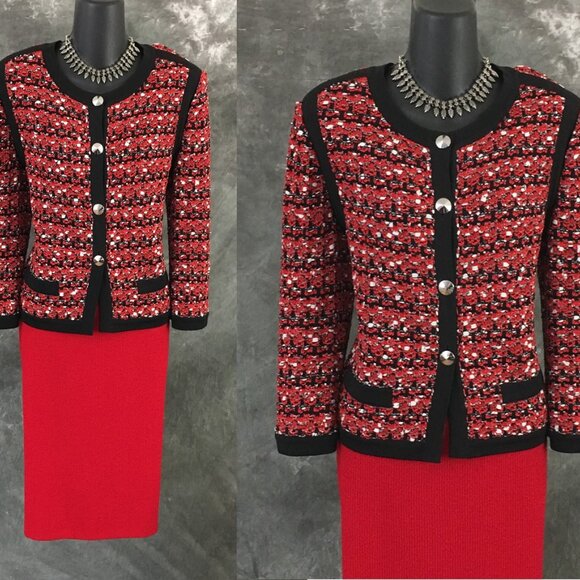 BEAUTIFUL St John knit red black multi jacket skirt suit size 12 - Picture 2 of 9
